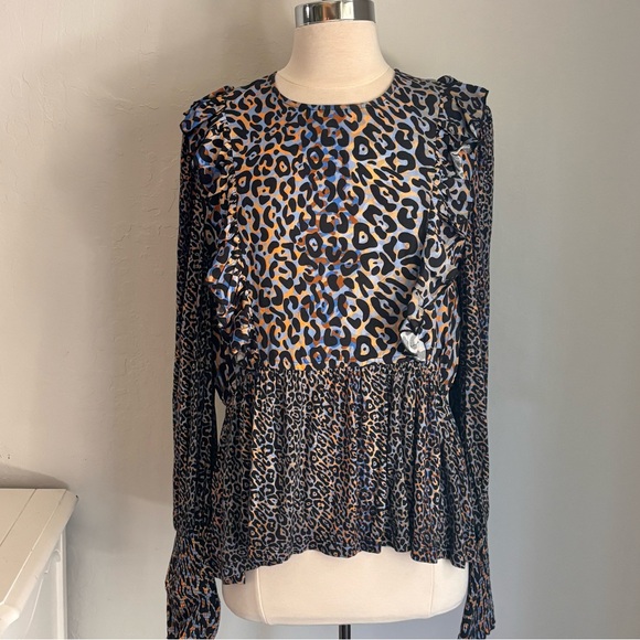 BL^NK Anthropologie Moira Ruffled Peplum Leopard Print Top, Blue Brown Black, L - Picture 3 of 8